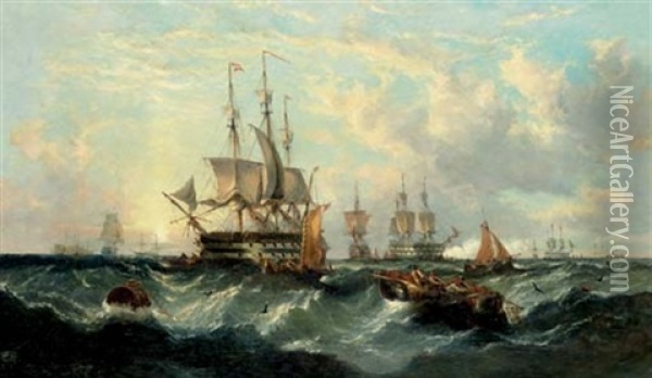 Warships Approaching The Anchorage Oil Painting - William Callcott Knell