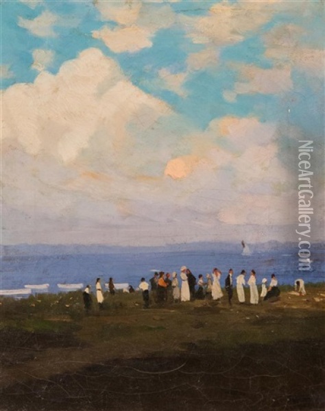 Gathering By The Sea Oil Painting - Thomas Moran