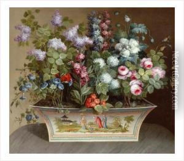 Nature Morte Au Bouquet De Fleurs Dans Un Vase Au Decor Chinois Oil Painting - Louis Tessier