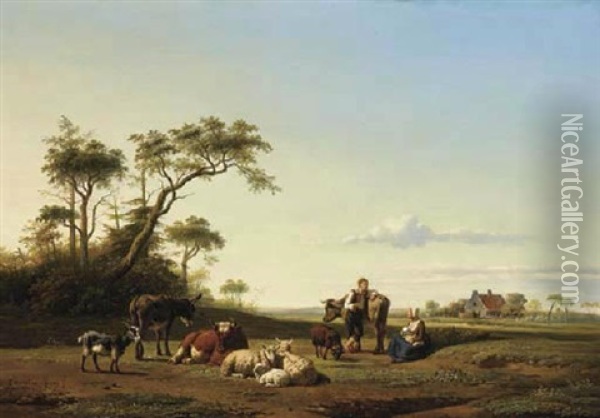 A Family With Animals In A Dutch Landscape Oil Painting - Simon Van Den Berg