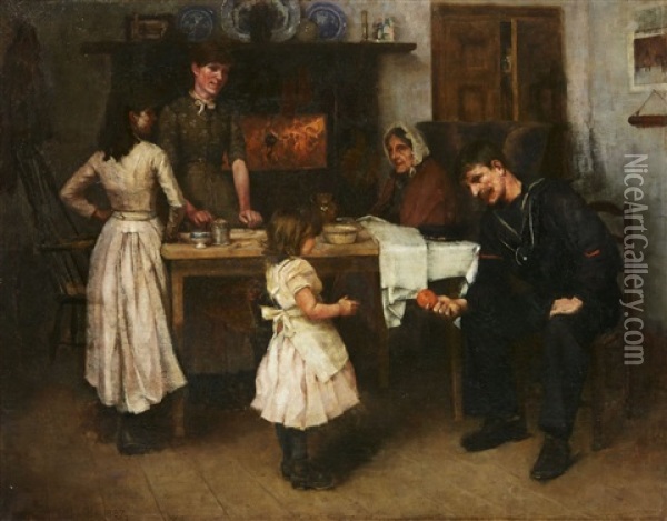 Family Scene In A Kitchen Oil Painting - Frank Wright Bourdillon