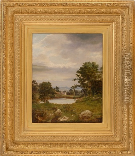 A Seaside Village With Pond And The Ocean In The Distance Oil Painting - David Johnson