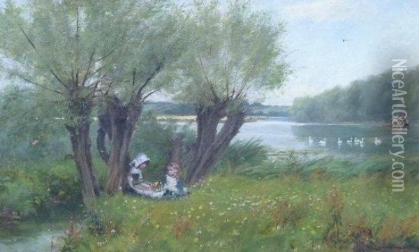 Young Girls With Flowers On A River Bank Oil Painting - James Yates Carrington