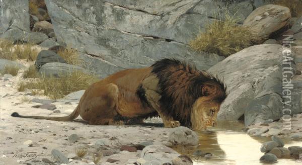 A Lion Drinking From A Watering Hole Oil Painting - Richard Bernhard L. Friese