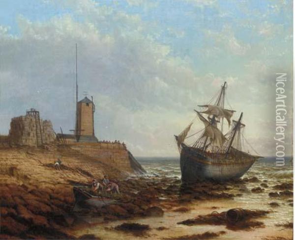 Beached At Low Tide Off South Pier Lighthouse Oil Painting - Stuart Henry Bell