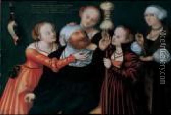 Herkules Und Omphale. Uber Den Figuren Eine Lateinische Inschrift. Oil Painting - Lucas The Elder Cranach