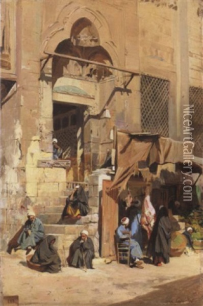 Sorti De La Mosque D'el Assar, Cairo Oil Painting - Eugene Alexis Girardet