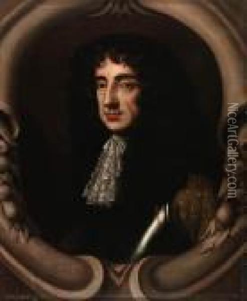 Portrait Of King Charles Ii, Bust-length, Wearing A Breastplate,sculpted Cartouche Oil Painting - Sir Peter Lely
