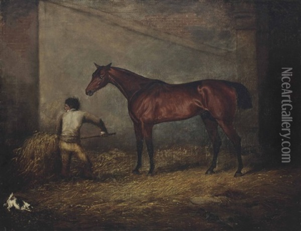The Thoroughbred Eaton In His Stable With His Groom Oil Painting - Henry Bernard Chalon