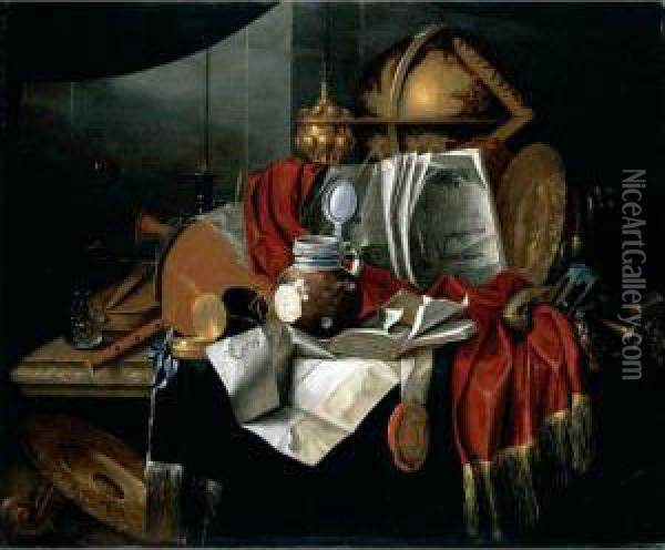 A Still Life With Musical 
Instruments, A Globe, A Glass And A Book, Together With Other Objects On
 A Marble Table Oil Painting - Franciscus Gysbrechts