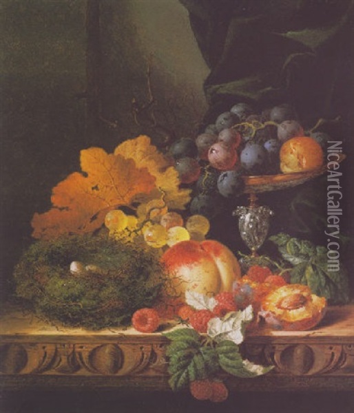 Still Life With Fruit And A Bird's Nest On A Carved Wooden Table Oil Painting - Edward Ladell