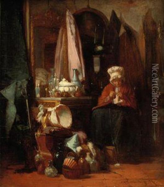 An Old Lady Knitting Oil Painting - Alexander Hugo Bakker Korff