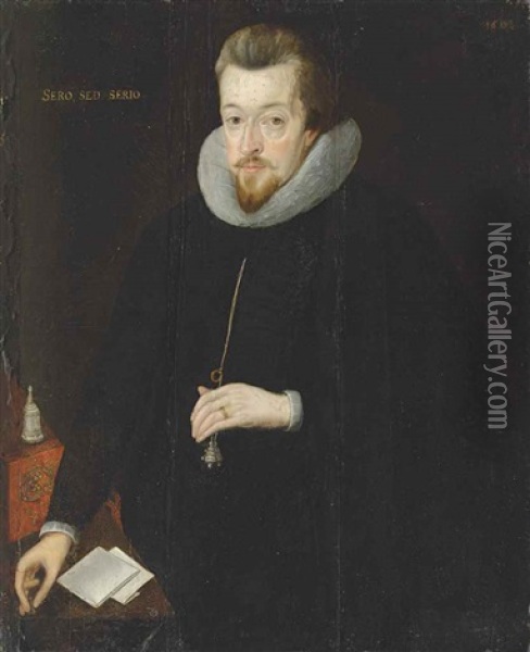 Portrait Of Robert Cecil, 1st Earl Of Salisbury, In A Black Doublet And White Ruff, His Left Hand Holding A Pomander, His Right Hand Holding A Seal Oil Painting - John Decritz the Elder