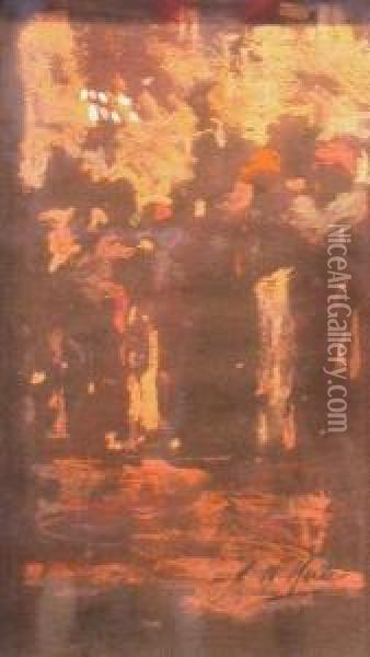 Figures By Lamplight Oil Painting - James Watterston Herald