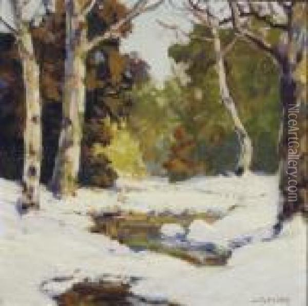 Snowy River Bank In The Woods; And A Companion Painting Oil Painting - Walter Koeniger