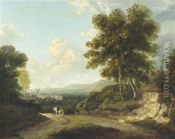 A Wooded Landscape With A Traveller On A Track, A Town Beyond Oil Painting - Francis Wheatley
