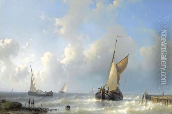 Fishing Boats In Choppy Waters 2 Oil Painting - Abraham Hulk Jun.