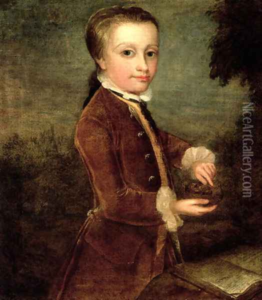 Portrait of Wolfgang Amadeus Mozart (1756-91) aged eight, holding a bird's nest Oil Painting - Johann Zoffany