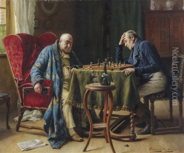 The Chess Players Oil Painting - Gerard Jozef Portielje