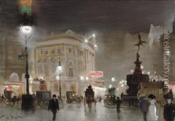 Piccadilly Circus At Night Oil Painting - George Hyde Pownall