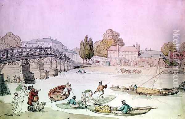Hampton Bridge with Punts and Barges Oil Painting - Thomas Rowlandson