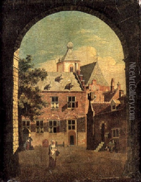 A Scene In A Courtyard In A Dutch Town With Figures Promenading Oil Painting - Jan ten Compe