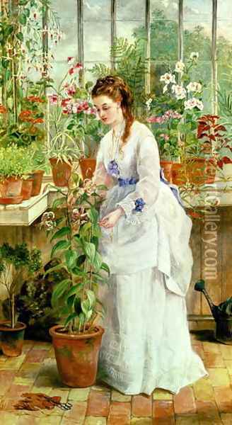 Young Lady in a Conservatory Oil Painting - Jane Maria Bowkett