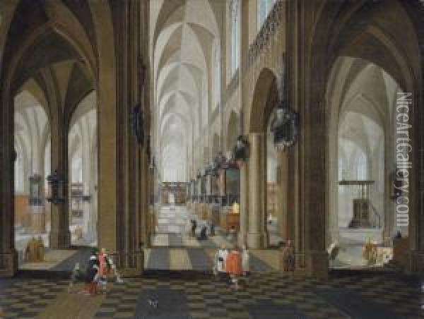 A Church Interior With Elegant Company In The Nave And Aisle Oil Painting - Pieter Neefs The Elder, Frans The Younger Francken