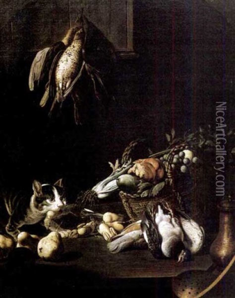 Entablement De Cuisine Avec Un Chat Oil Painting - Giovanni Francesco Briglia