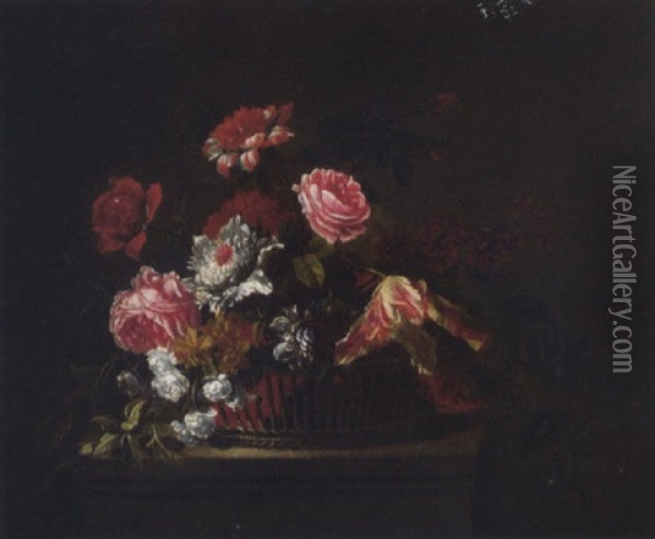 Roses, Carnations, Tulips, Morning Glory And Other Flowers In A Basket On A Plinth Oil Painting - Jean-Baptiste Monnoyer