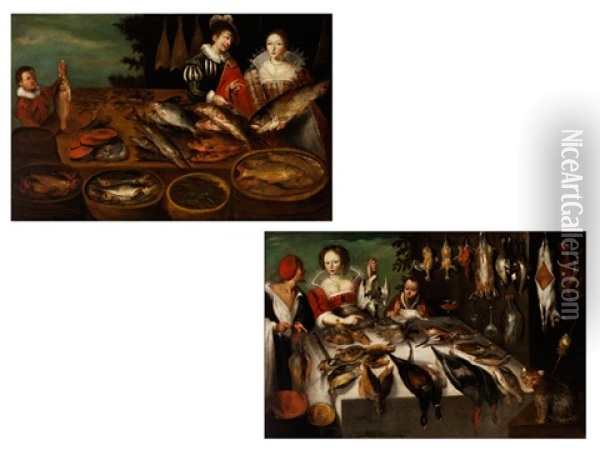 Der Geflugelverkauf (+ Der Fischverkauf; Pair) Oil Painting - Jean-Baptiste de Saive the Younger