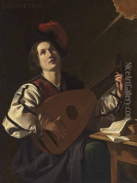 A Musician (saint Genesius?) Playing A Lute Oil Painting - Nicolas Tournier