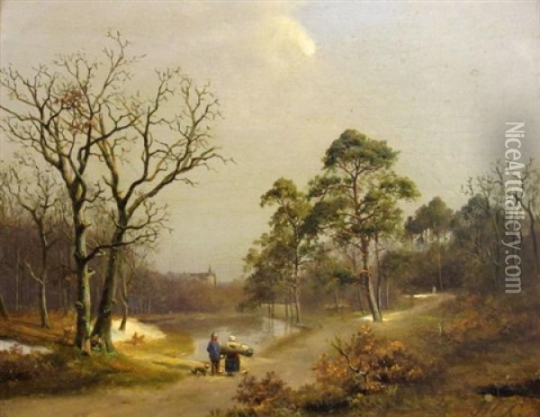 Couple On A Road Beside A Pond Oil Painting - Barend Cornelis Koekkoek