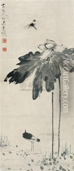 Lotus And Bird Oil Painting -  Niu Shihui