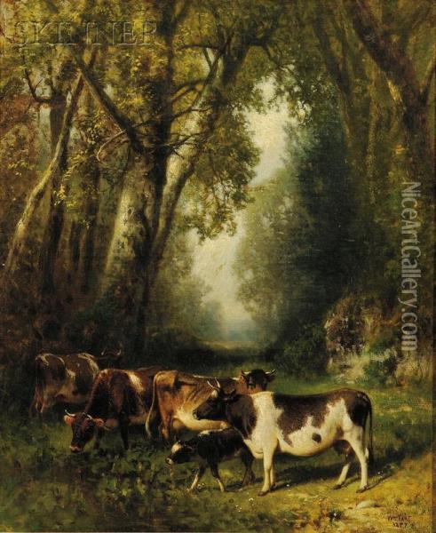 Cows In A Woodland Landscape Oil Painting - William M. Hart
