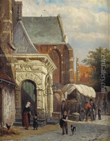 Une Porte De L' Eglise Occidentale A Enkhuijzen (a View Of The South Entrance Of The St. Pancras Church, Enkhuizen) Oil Painting - Cornelis Springer