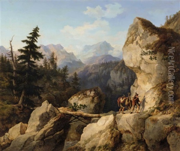 A Mountainous Landscape With Hunters Oil Painting - Johann Philipp Heinel