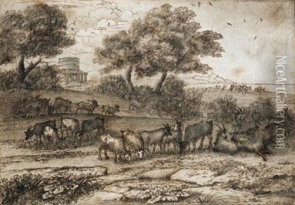 An Extensive Mediterranean Landscape With A Tower And A Herd Ofgoats Oil Painting - Claude Lorrain (Gellee)