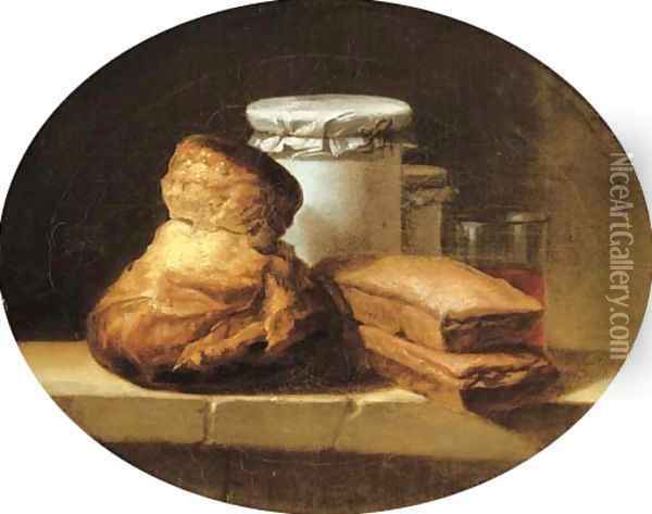 A brioche, two pastries, two covered jars and a glass of red wine on a stone ledge Oil Painting - Henri-Horace Roland de la Porte