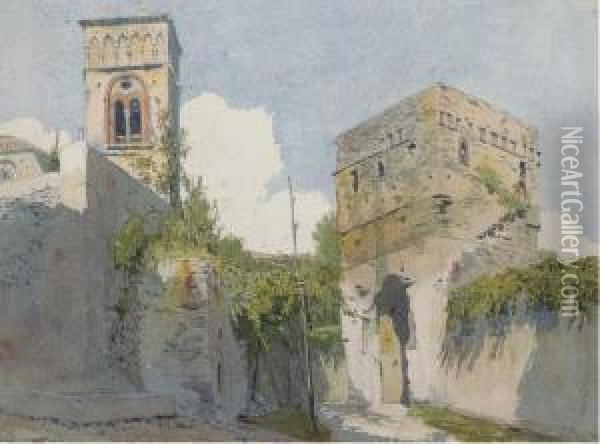 A Gateway To An Italian Town, A Church Beyond Oil Painting - Thomas Hartley Cromek