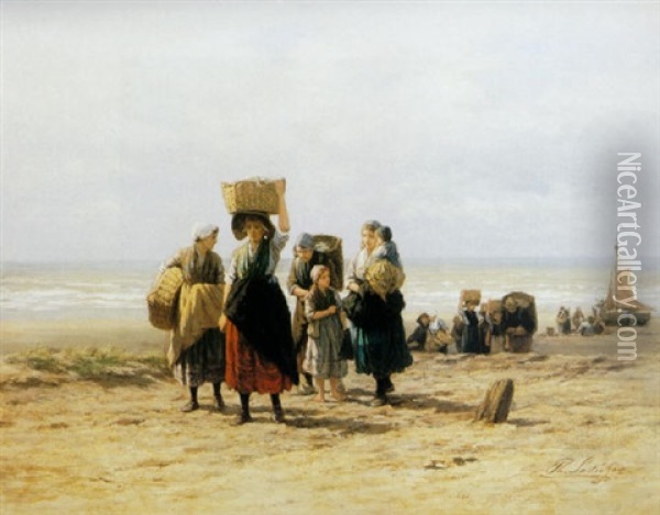 Scheveningen Fisherwomen Bringing Home The Catch Oil Painting - Philip Lodewijk Jacob Frederik Sadee