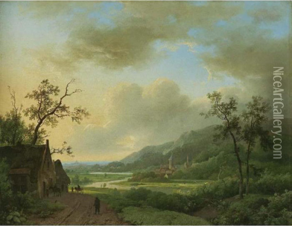A Mountainous Landscape With Travellers By An Inn Oil Painting - Marianus Adrianus Koekkoek