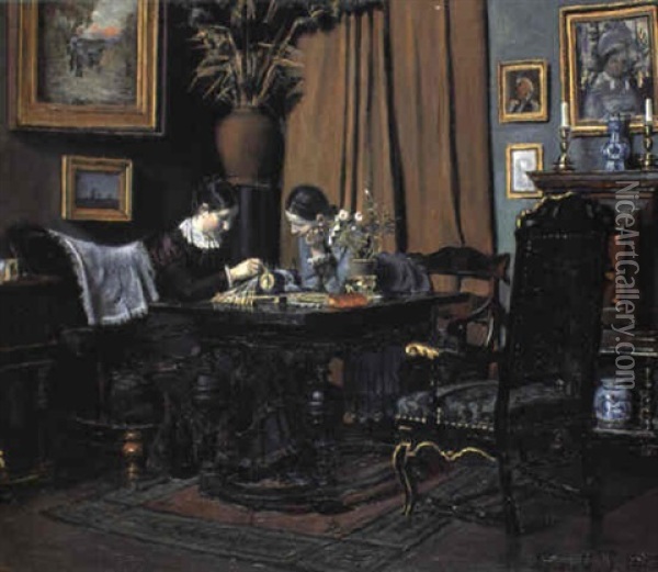 Interior Med To Damer Der Knipler Oil Painting - Thorolf (Frederik Paludan-Mueller) Petersen