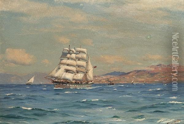 A British-registered 
Three-masted Barque Outward Bound From Valparaiso, With The Coast 
Receding Astern Of Her Oil Painting - Thomas Jacques Somerscales