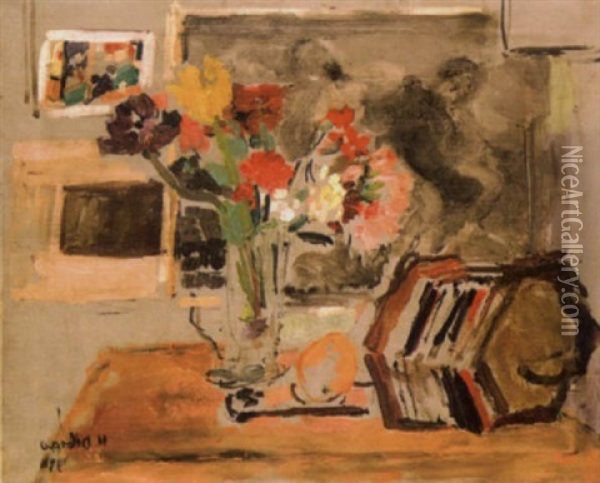 Accordeon Et Vase De Fleurs Oil Painting - Henriette Deloras
