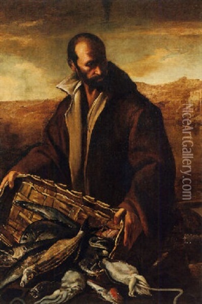 A Still Life With A Fisherman, Pouring His Catch From A Basket Oil Painting - Luca Forte