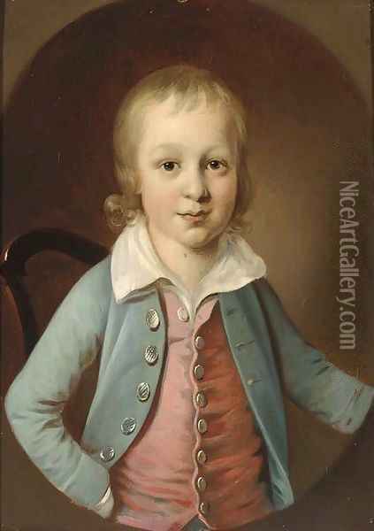 Portrait of a boy, half-length, in a blue jacket and red waistcoat Oil Painting - English School