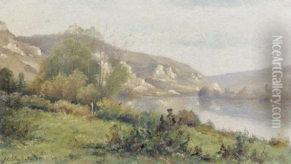 Flussuferpartie Mit Felsiger Landschaft. Oil Painting - Abel Jean Henri Dufresne