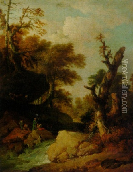 A Rocky River Landscape With Travellers Resting On A Bank Oil Painting - Franz de Paula Ferg