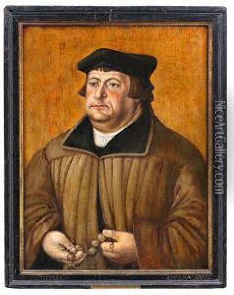 Bildnis Eines Mannes, Der Einen Rosenkranz In Den Handen Halt Oil Painting - Lucas The Elder Cranach